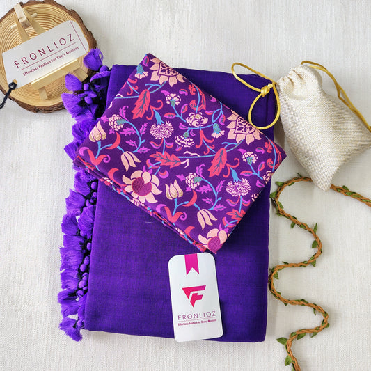 Violet Handloom Cotton Saree With Tassels & Printed Blouse-Fronlioz