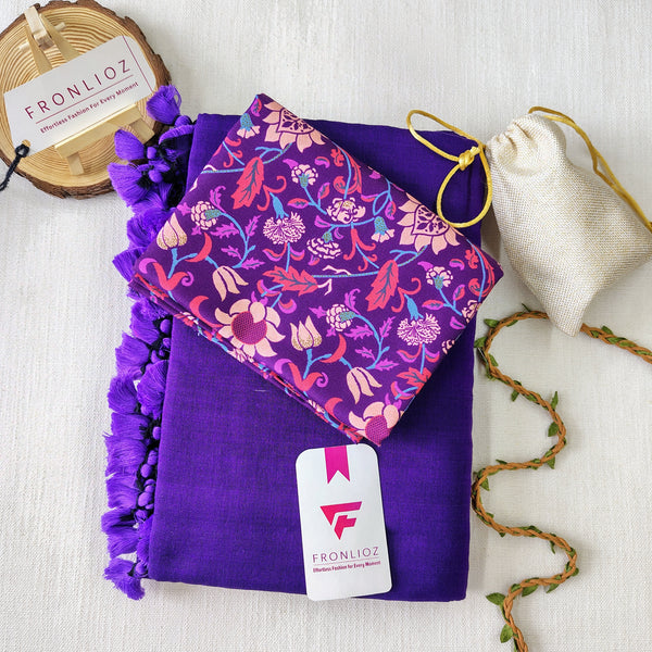 Violet Handloom Cotton Saree With Tassels & Printed Blouse-Fronlioz