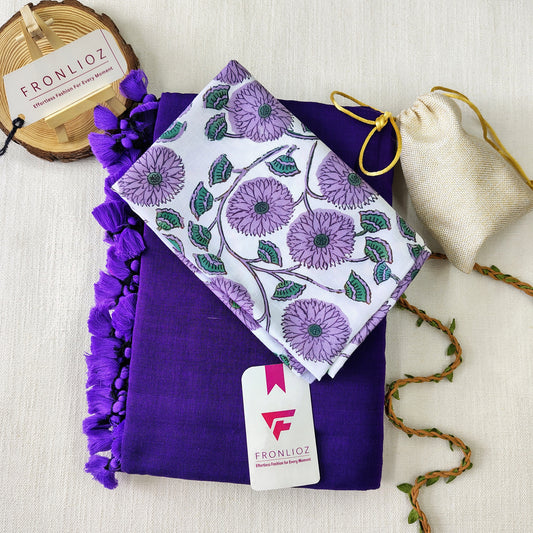 Violet Handloom Cotton Saree With Tassels & Printed Blouse-Fronlioz