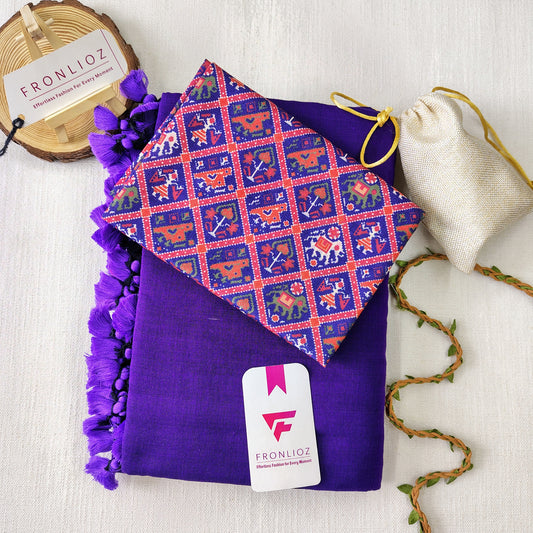 Violet Handloom Cotton Saree With Tassels & Printed Blouse-Fronlioz