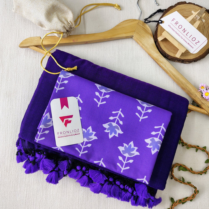Violet Handloom Cotton Saree With Tassels & Printed Blouse-Fronlioz