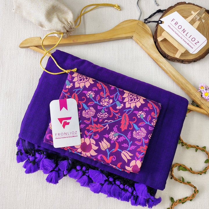 Violet Handloom Cotton Saree With Tassels & Printed Blouse-Fronlioz