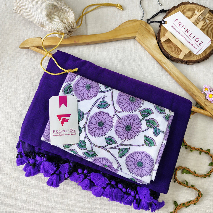 Violet Handloom Cotton Saree With Tassels & Printed Blouse-Fronlioz