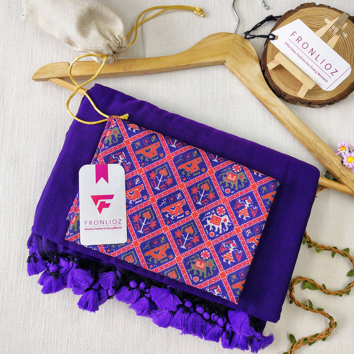 Violet Handloom Cotton Saree With Tassels & Printed Blouse-Fronlioz