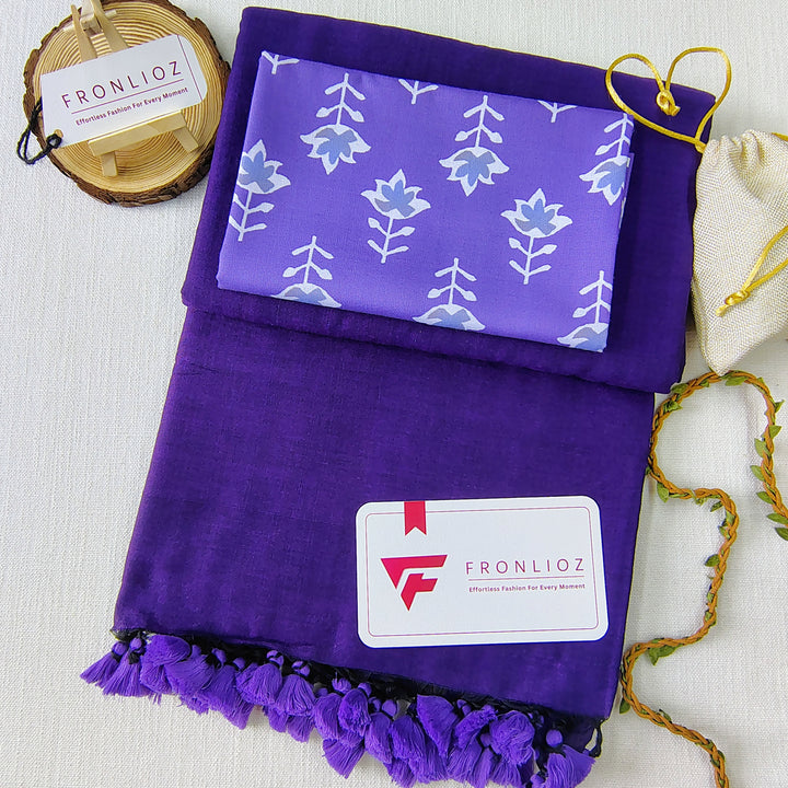 Violet Handloom Cotton Saree With Tassels & Printed Blouse-Fronlioz