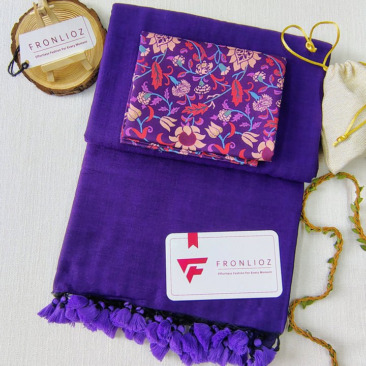 Violet Handloom Cotton Saree With Tassels & Printed Blouse-Fronlioz