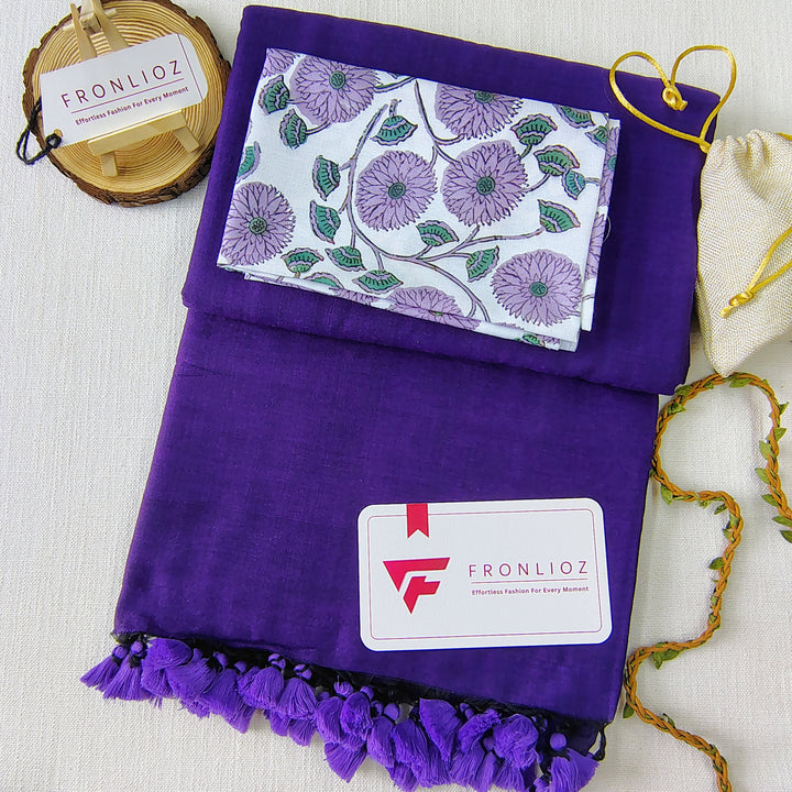 Violet Handloom Cotton Saree With Tassels & Printed Blouse-Fronlioz