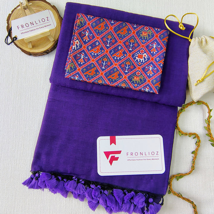 Violet Handloom Cotton Saree With Tassels & Printed Blouse-Fronlioz