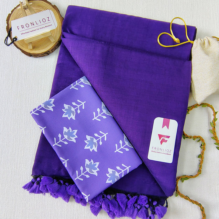 Violet Handloom Cotton Saree With Tassels & Printed Blouse-Fronlioz