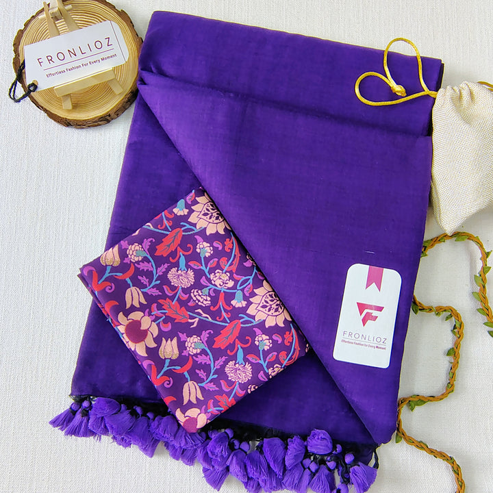Violet Handloom Cotton Saree With Tassels & Printed Blouse-Fronlioz