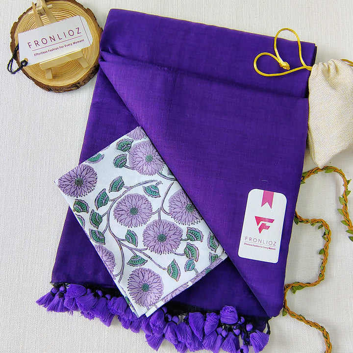Violet Handloom Cotton Saree With Tassels & Printed Blouse-Fronlioz