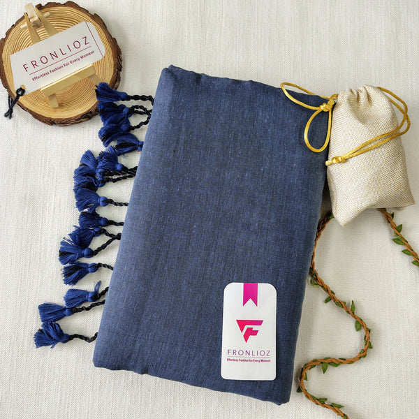 Grey Handloom Cotton Saree With PomPom-Fronlioz