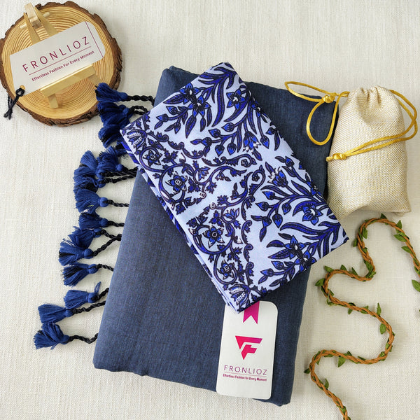Grey Handloom Cotton Saree With Tassels & Printed Blouse-Fronlioz