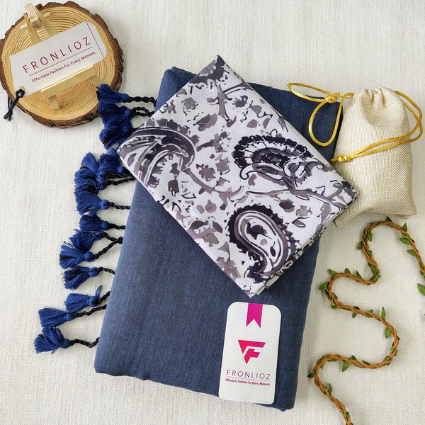 Grey Handloom Cotton Saree With Tassels & Printed Blouse-Fronlioz