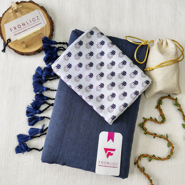 Grey Handloom Cotton Saree With Tassels & Printed Blouse-Fronlioz