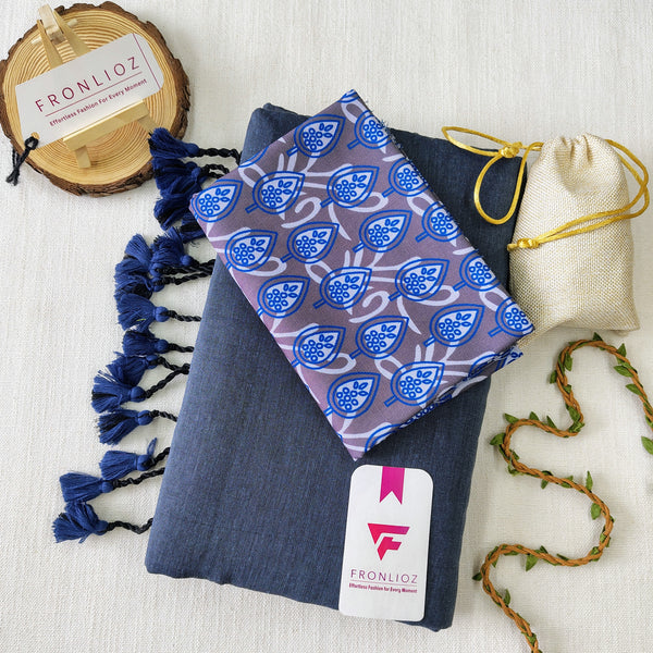 Grey Handloom Cotton Saree With Tassels & Printed Blouse-Fronlioz