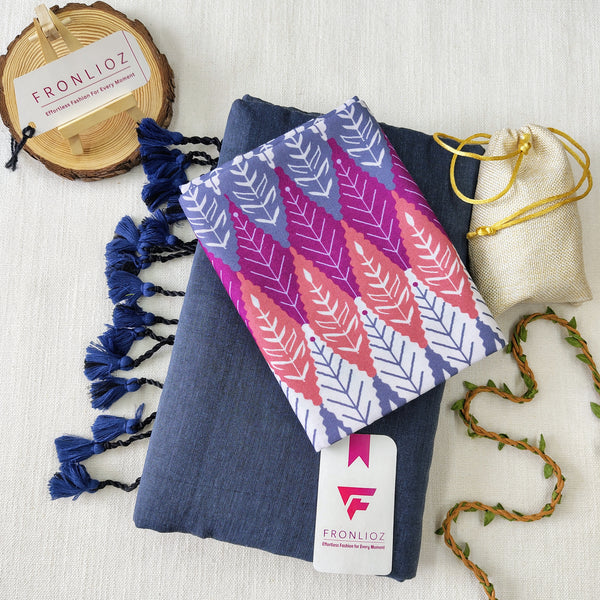 Grey Handloom Cotton Saree With Tassels & Printed Blouse-Fronlioz