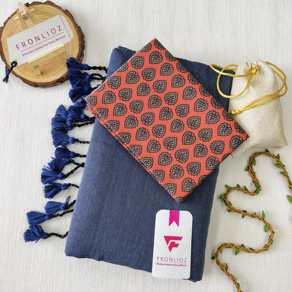 Grey Handloom Cotton Saree With Tassels & Printed Blouse-Fronlioz