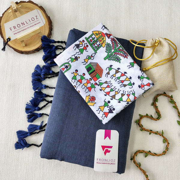 Grey Handloom Cotton Saree With Tassels & Printed Blouse-Fronlioz