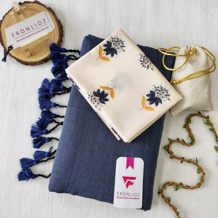 Grey Handloom Cotton Saree With Tassels & Printed Blouse-Fronlioz