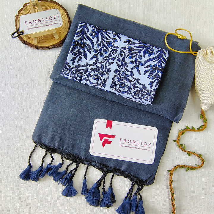 Grey Handloom Cotton Saree With Tassels & Printed Blouse-Fronlioz