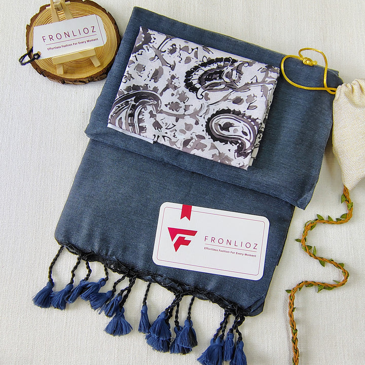 Grey Handloom Cotton Saree With Tassels & Printed Blouse-Fronlioz