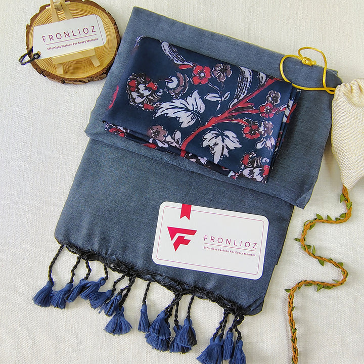 Grey Handloom Cotton Saree With Tassels & Printed Blouse-Fronlioz