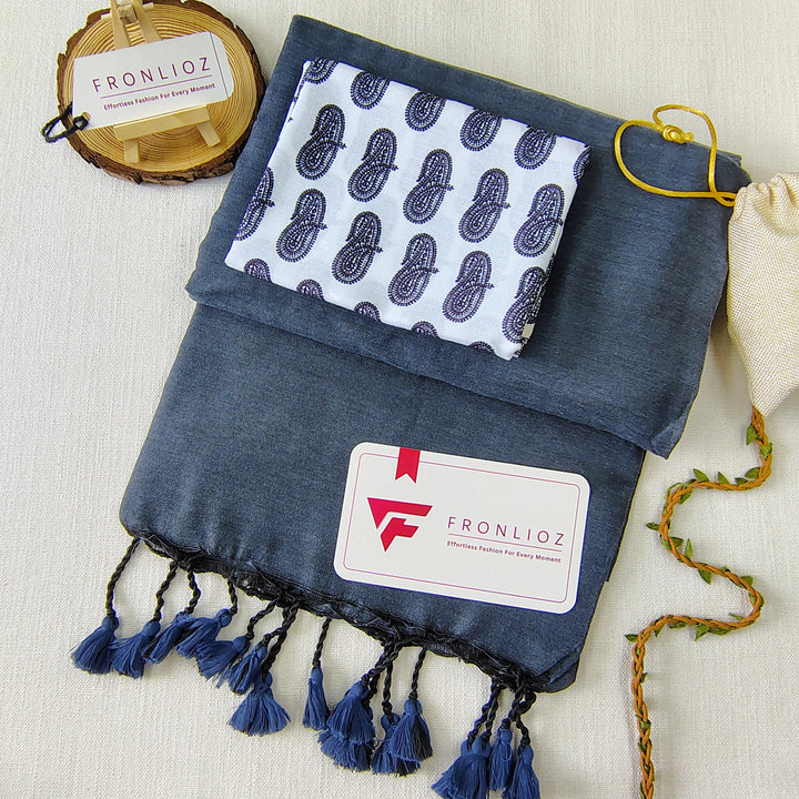 Grey Handloom Cotton Saree With Tassels & Printed Blouse-Fronlioz