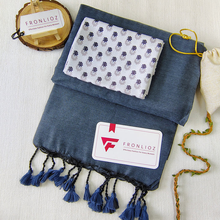 Grey Handloom Cotton Saree With Tassels & Printed Blouse-Fronlioz