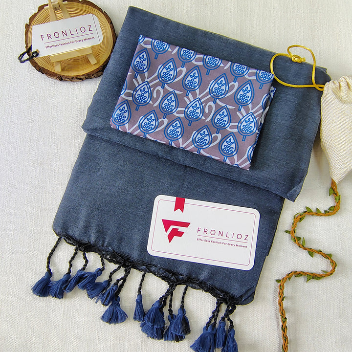 Grey Handloom Cotton Saree With Tassels & Printed Blouse-Fronlioz