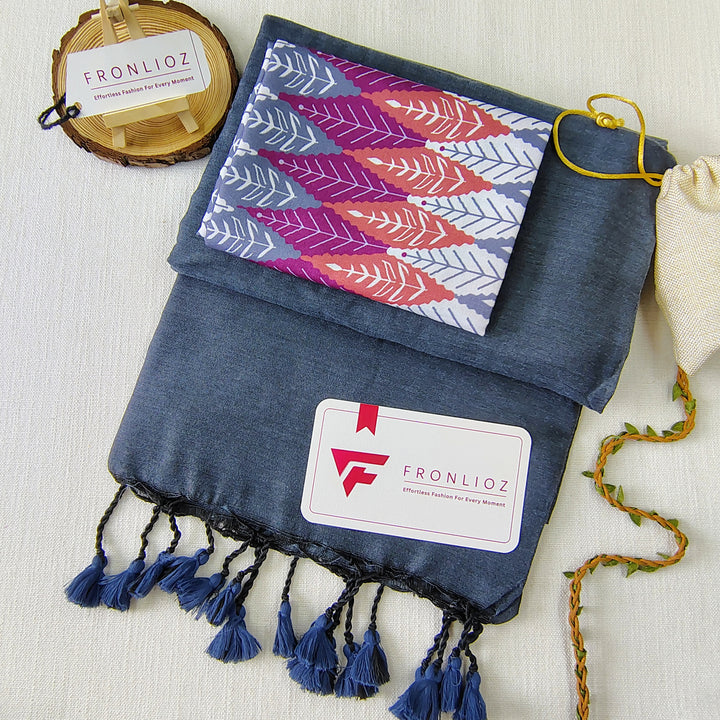 Grey Handloom Cotton Saree With Tassels & Printed Blouse-Fronlioz