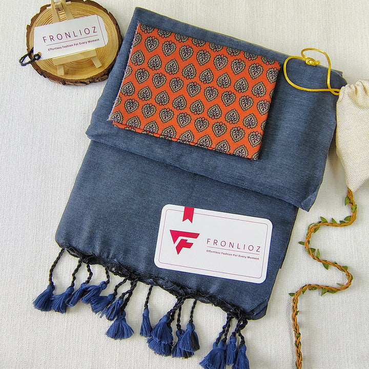 Grey Handloom Cotton Saree With Tassels & Printed Blouse-Fronlioz