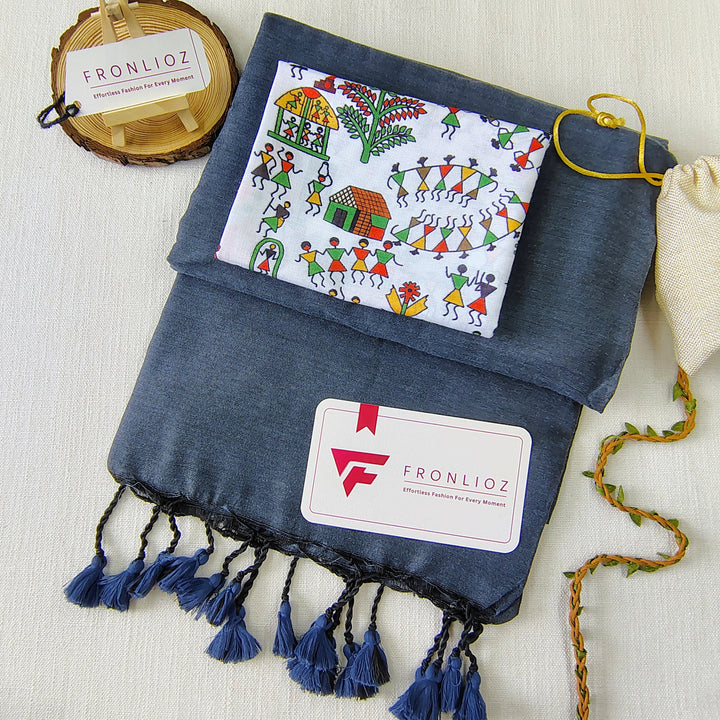 Grey Handloom Cotton Saree With Tassels & Printed Blouse-Fronlioz