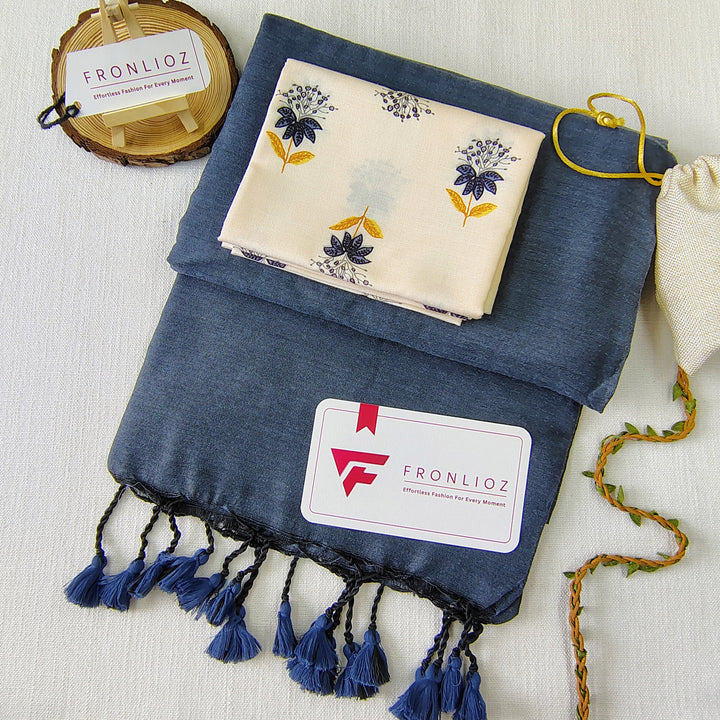 Grey Handloom Cotton Saree With Tassels & Printed Blouse-Fronlioz
