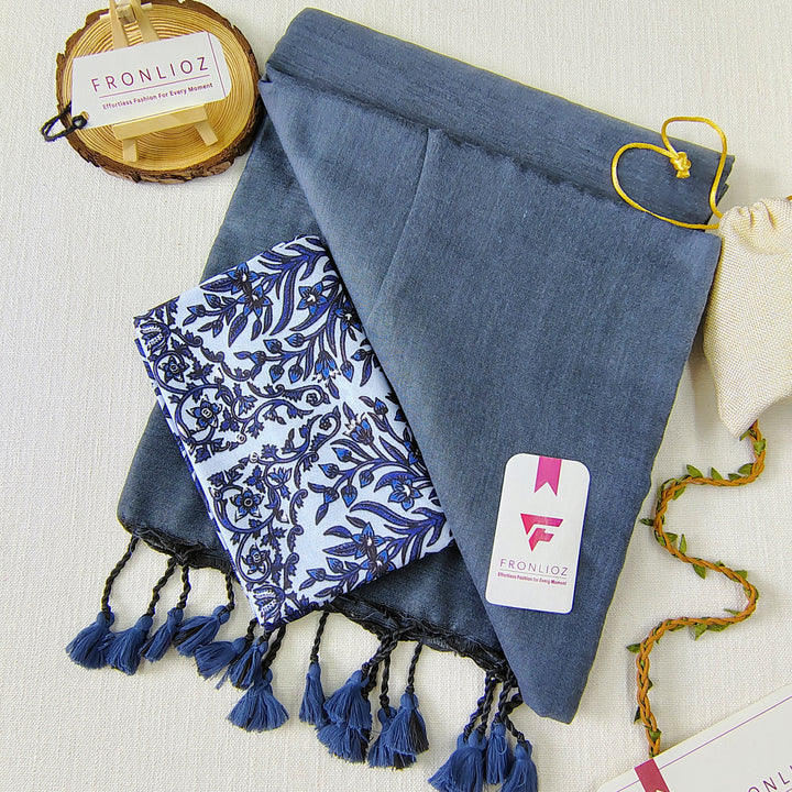 Grey Handloom Cotton Saree With Tassels & Printed Blouse-Fronlioz