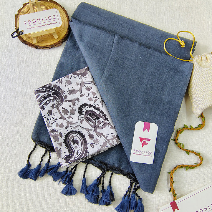 Grey Handloom Cotton Saree With Tassels & Printed Blouse-Fronlioz