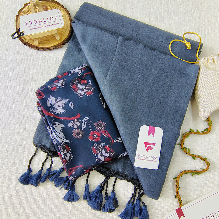 Grey Handloom Cotton Saree With Tassels & Printed Blouse-Fronlioz
