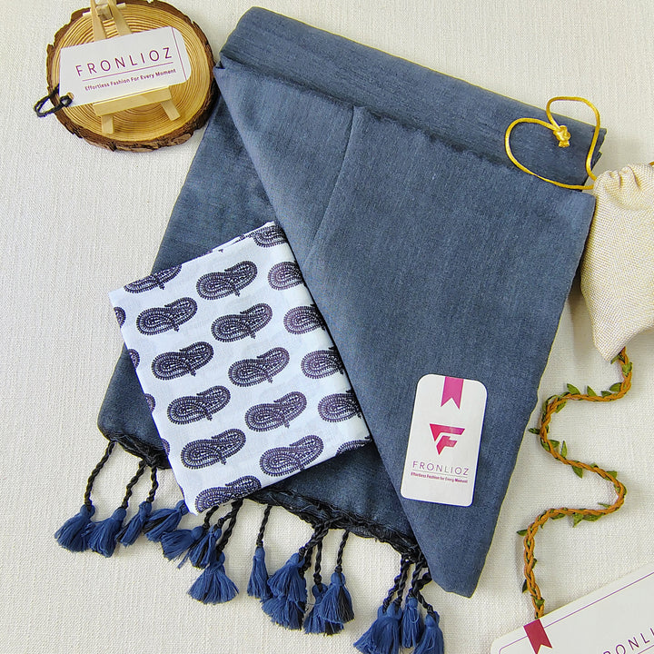 Grey Handloom Cotton Saree With Tassels & Printed Blouse-Fronlioz