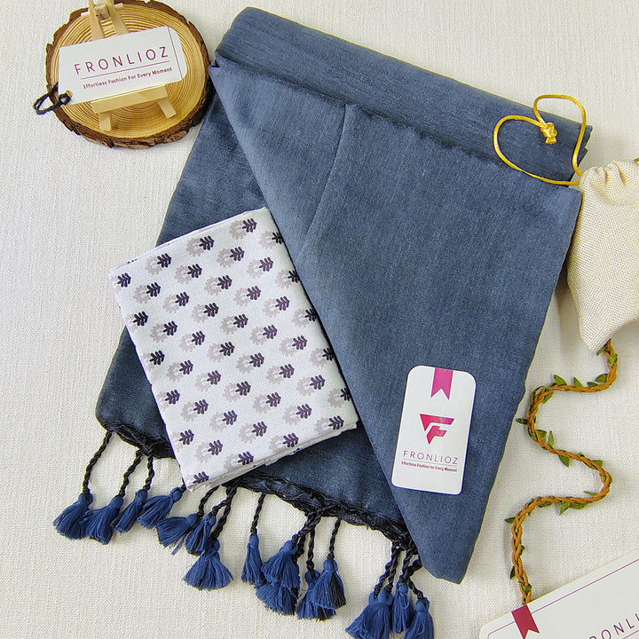 Grey Handloom Cotton Saree With Tassels & Printed Blouse-Fronlioz