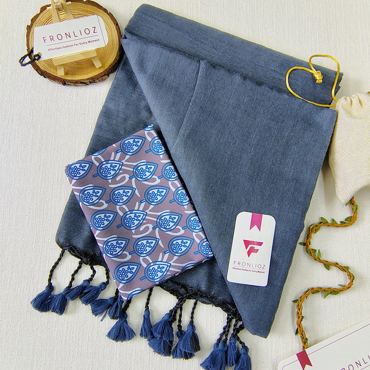 Grey Handloom Cotton Saree With Tassels & Printed Blouse-Fronlioz