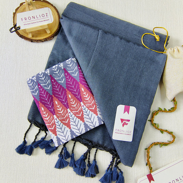 Grey Handloom Cotton Saree With Tassels & Printed Blouse-Fronlioz