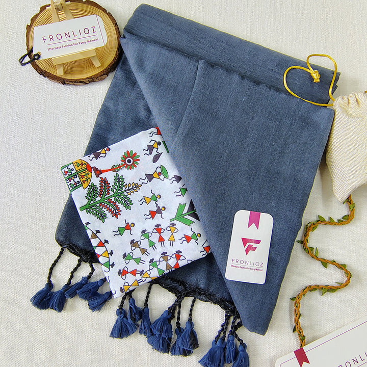 Grey Handloom Cotton Saree With Tassels & Printed Blouse-Fronlioz