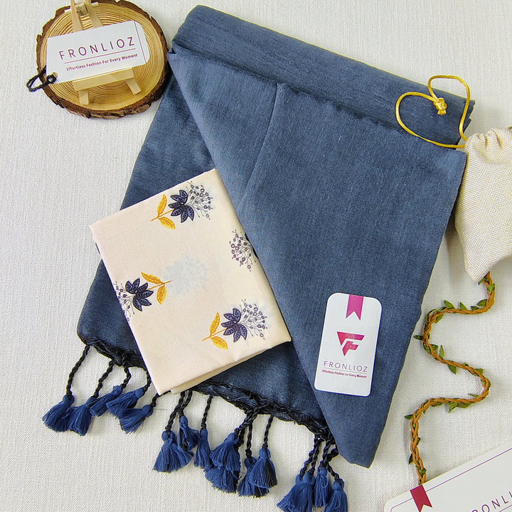 Grey Handloom Cotton Saree With Tassels & Printed Blouse-Fronlioz