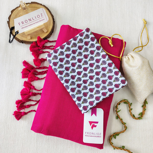 Pink Handloom Cotton Saree With Tassels & Printed Blouse-Fronlioz