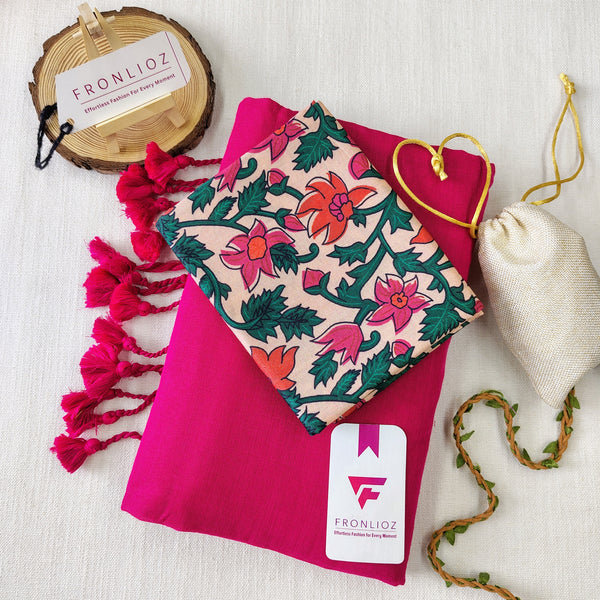Pink Handloom Cotton Saree With Tassels & Printed Blouse-Fronlioz