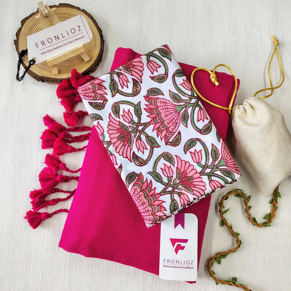 Pink Handloom Cotton Saree With Tassels & Printed Blouse-Fronlioz
