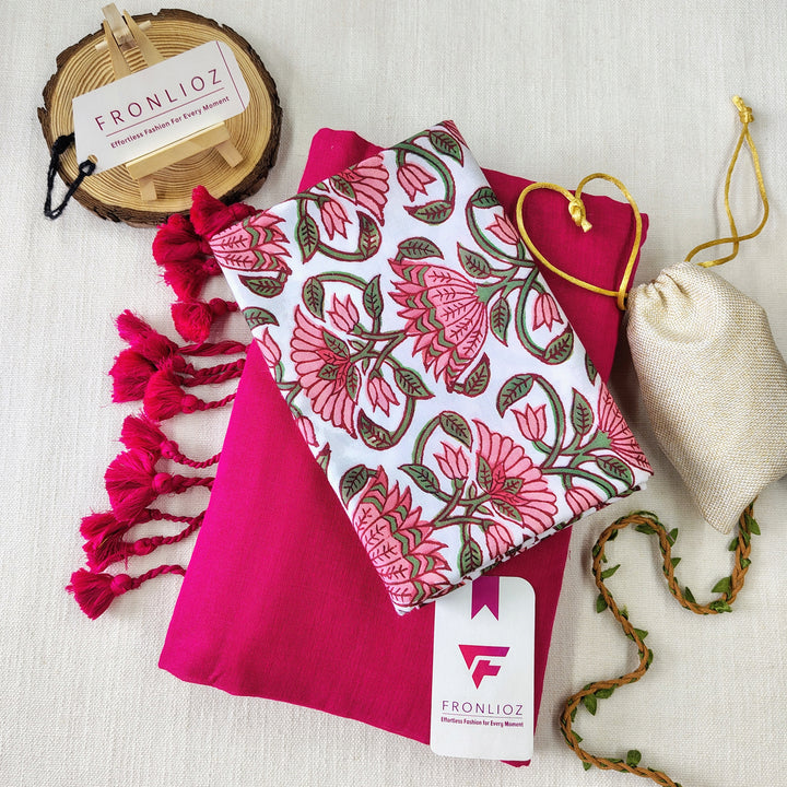 Pink Handloom Cotton Saree With Tassels & Printed Blouse-Fronlioz