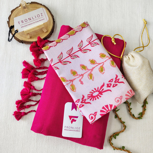 Pink Handloom Cotton Saree With Tassels & Printed Blouse-Fronlioz