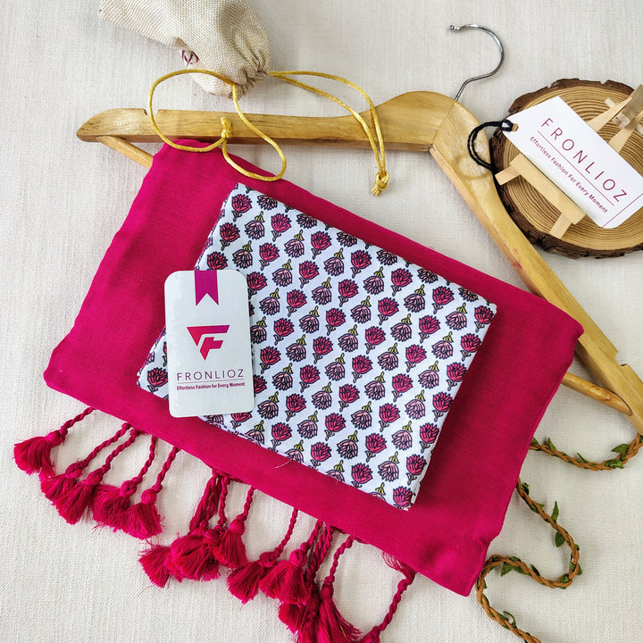 Pink Handloom Cotton Saree With Tassels & Printed Blouse-Fronlioz
