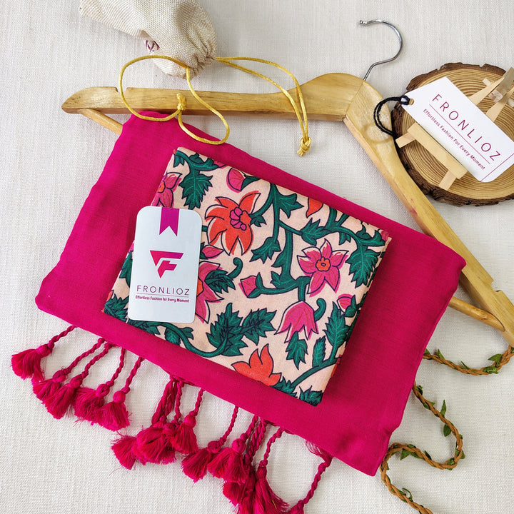 Pink Handloom Cotton Saree With Tassels & Printed Blouse-Fronlioz